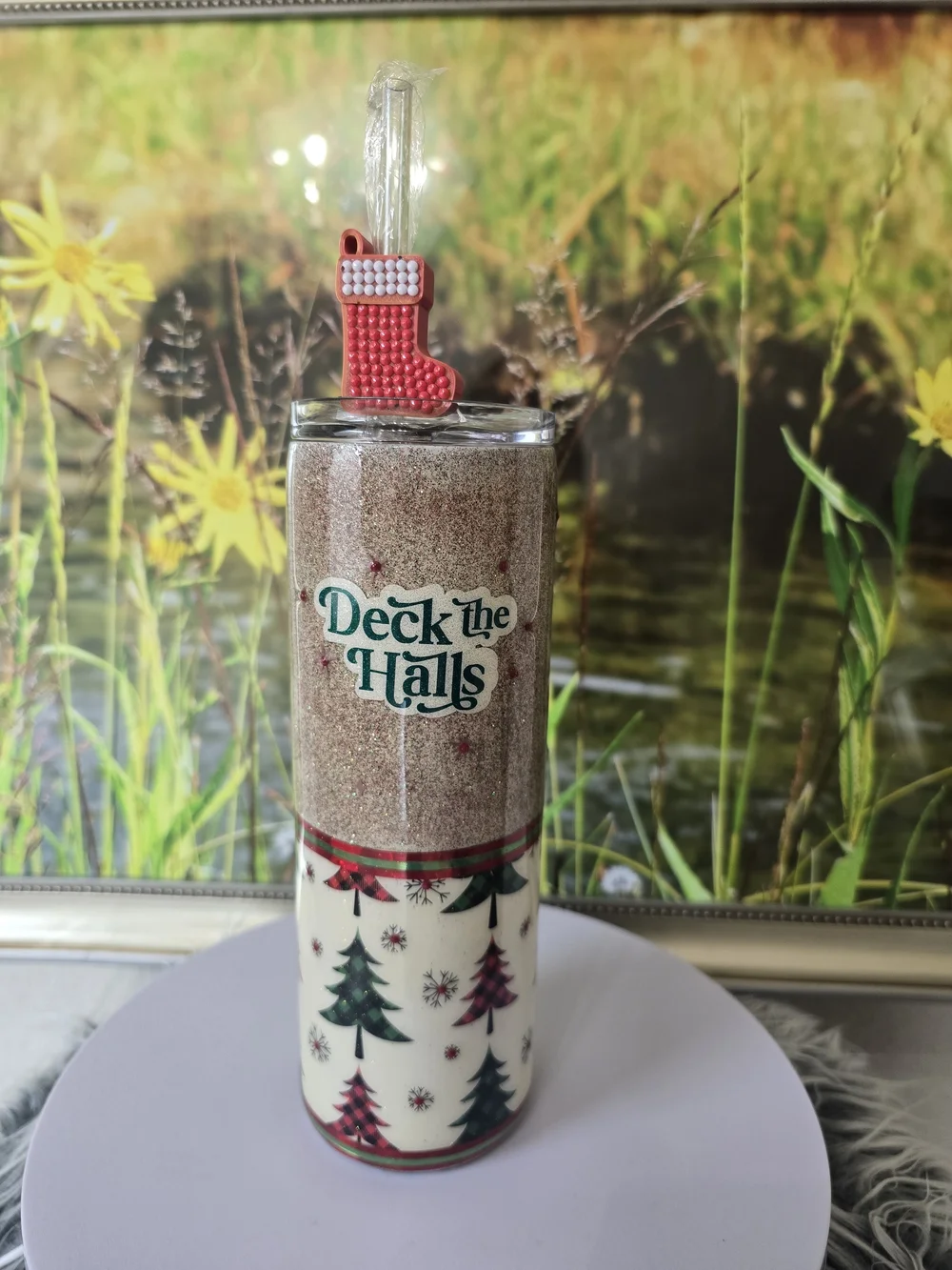 Handmade Christmas Tumbler 20oz Skinny Glitter Holiday Cup Gift Deck the Halls